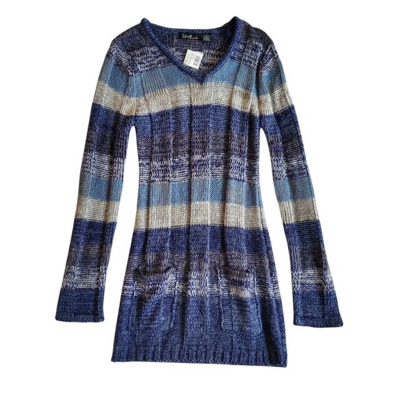 Y2k Sweater Dress/Top Striped Knit Long-Sleeved Blue Deadstock - Size Large - Picture 3 of 6